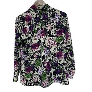J Jill Blouse Womens XS Black Floral Artsy Button Front Long Sleeve Textured Top